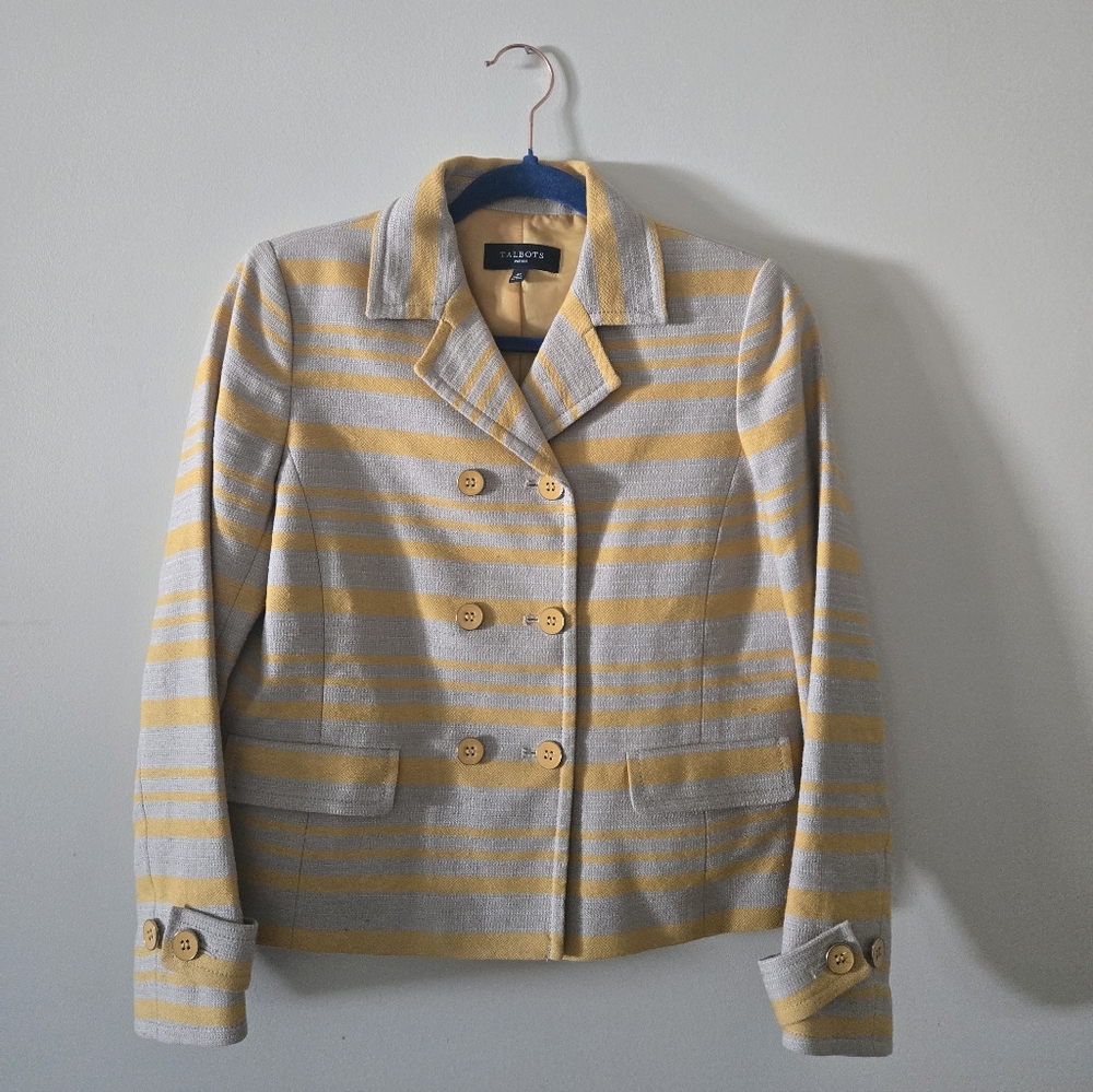 Talbots Yellow and Gray Striped Double-Breasted Blazer Jacket